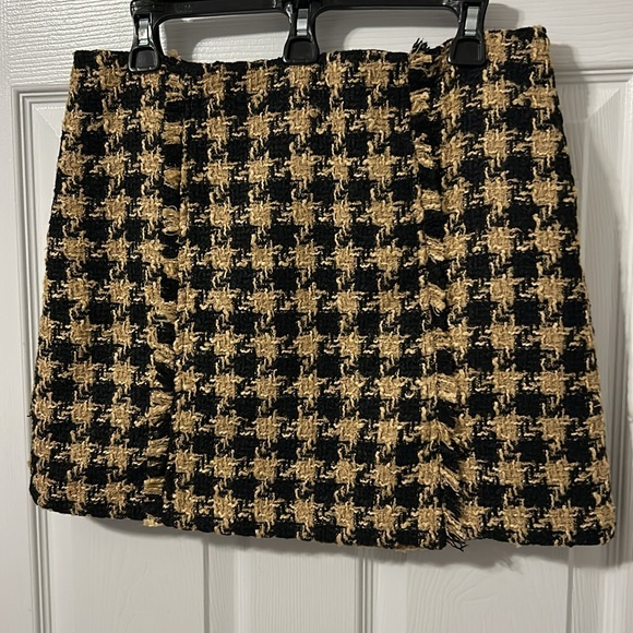 House Of Harlow 1960 Skirt Tan Black Houndstooth Tweed Mini Fringed - Picture 3 of 8